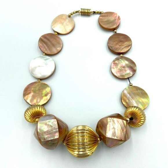 Necklace. Statement Piece Shell Disks Gold Toned Beads Twist Closure - Picture 1 of 3